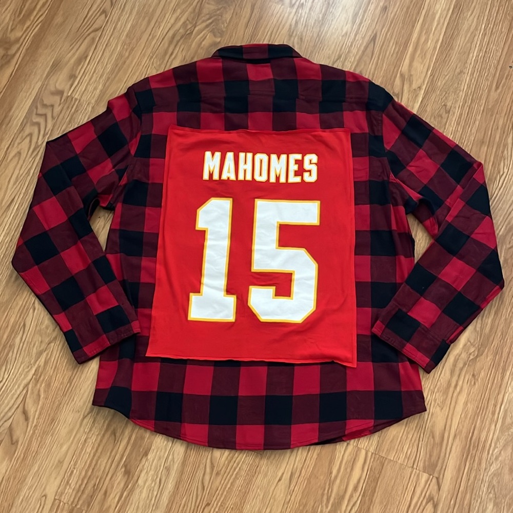 Kansas City Chiefs Mahomes 15 Flannel Shirt upcycled unisex size XXL - Picture 2 of 7